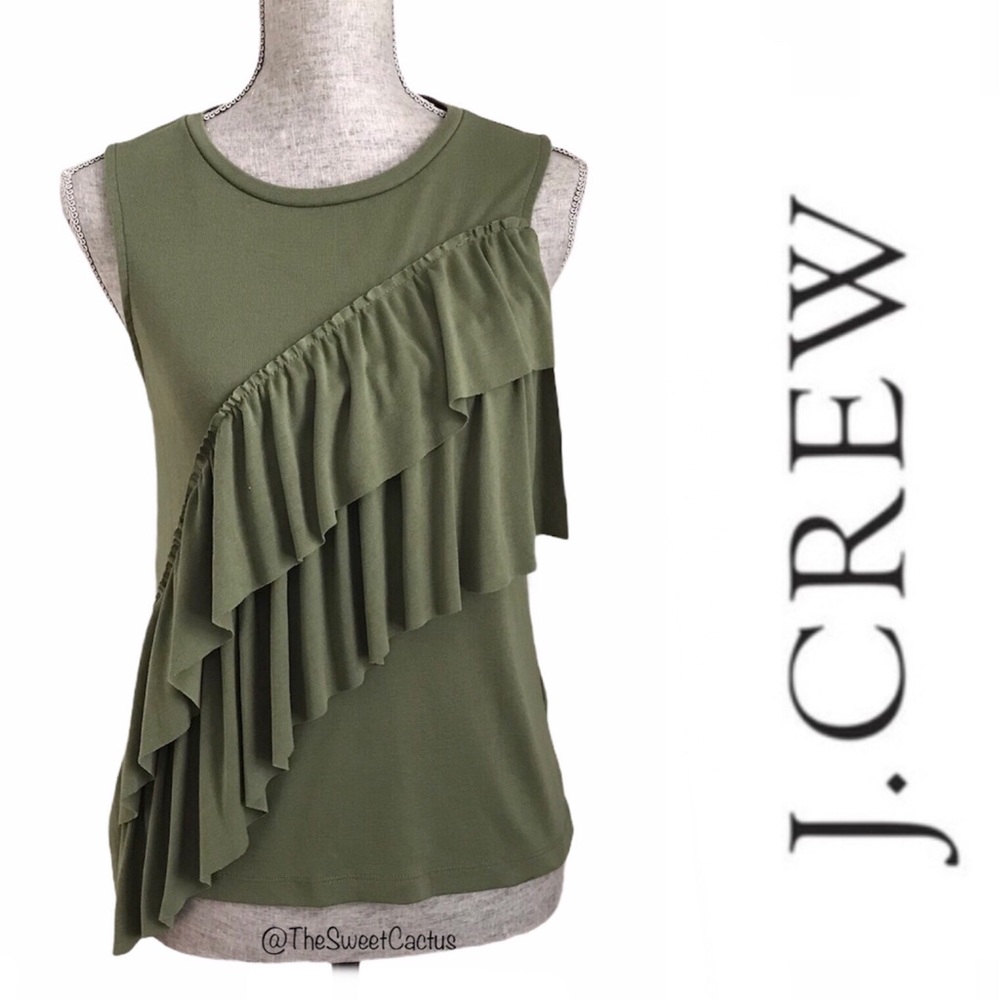 J.Crew Olive Green Asymmetrical Ruffle Tank Top